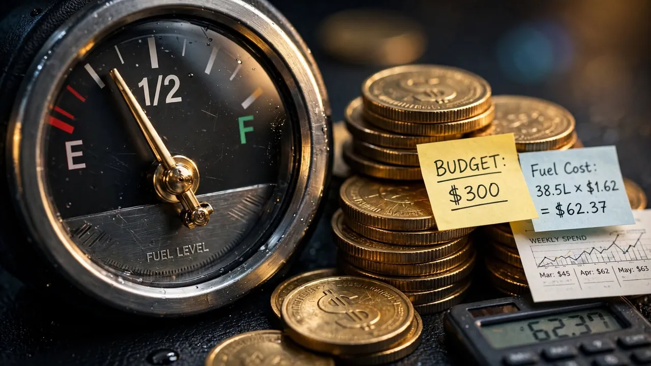 A fuel gauge needle near a stack of coins