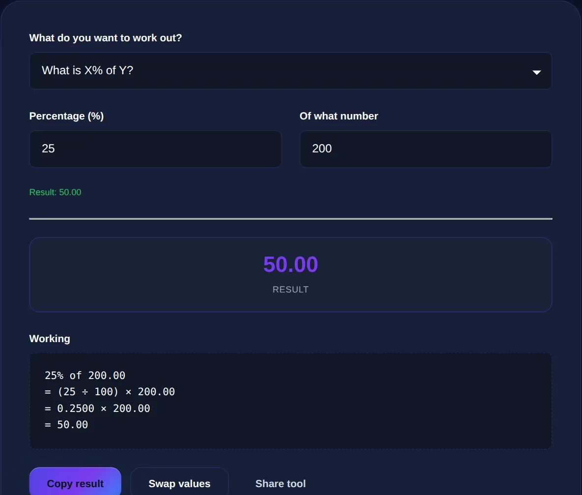 Screenshot of the Percentage Calculator on 123MiniApps showing an example result