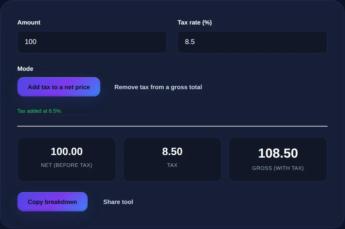 Screenshot of the Sales Tax Calculator on 123MiniApps showing an example result