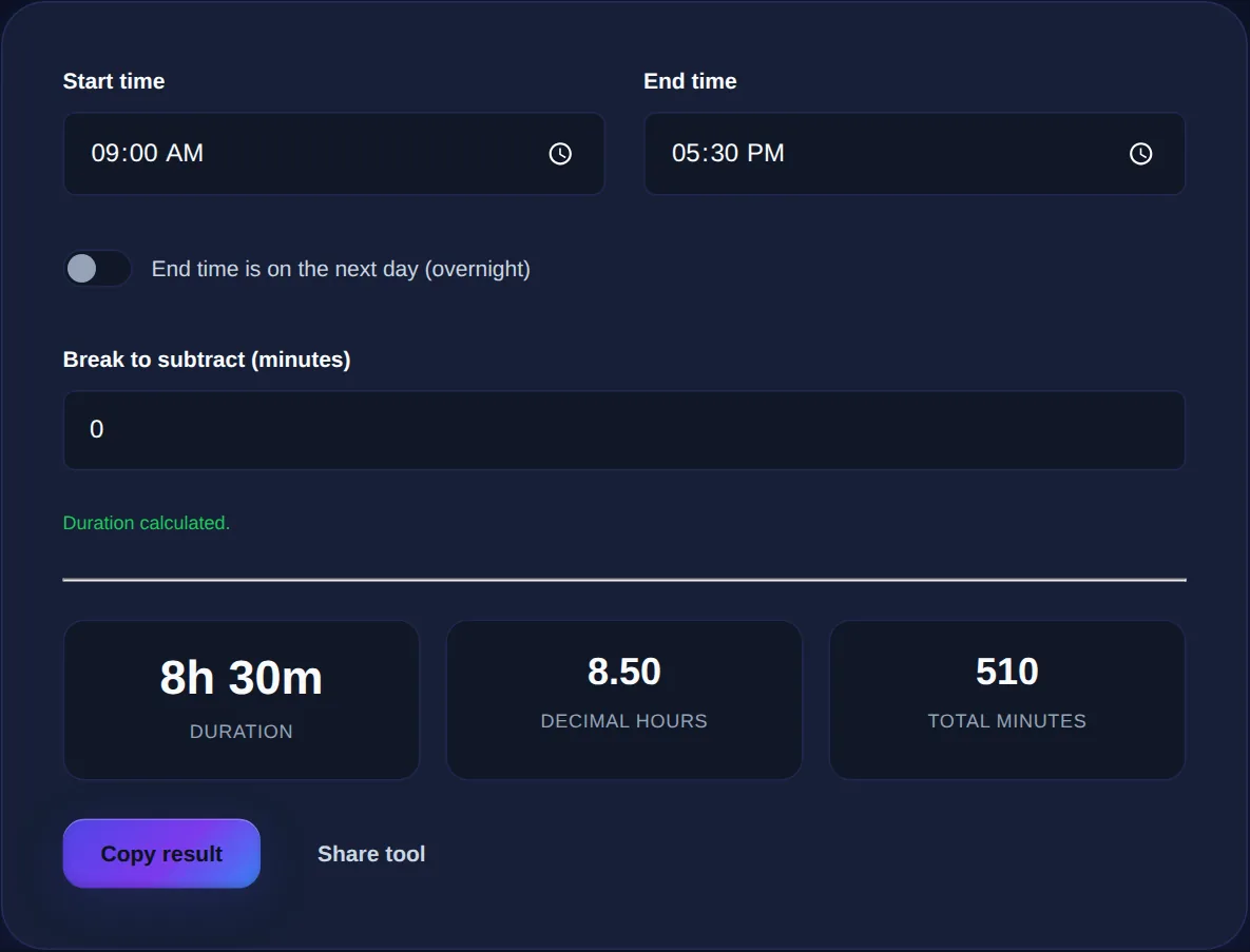 Screenshot of the Time Duration Calculator on 123MiniApps showing an example result