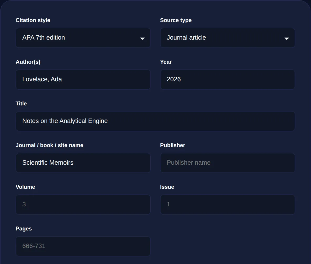Screenshot of the Citation Generator on 123MiniApps showing an example result