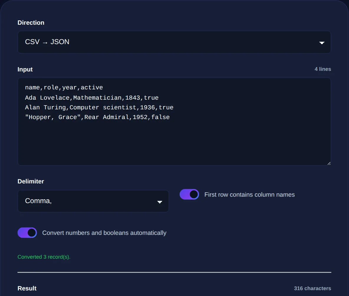 Screenshot of the CSV to JSON on 123MiniApps showing an example result
