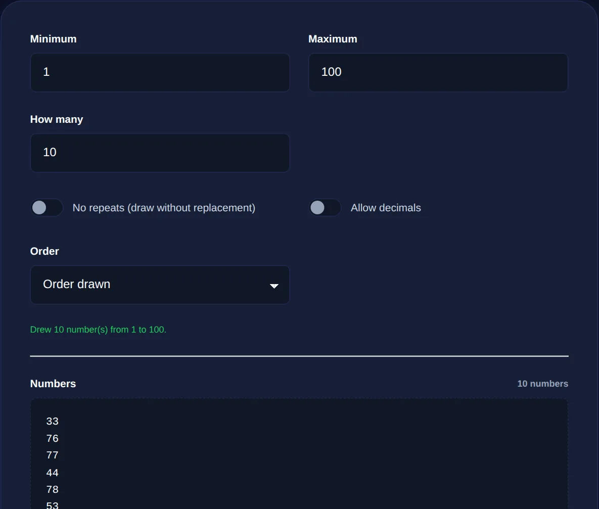 Screenshot of the Random Number Generator on 123MiniApps showing an example result