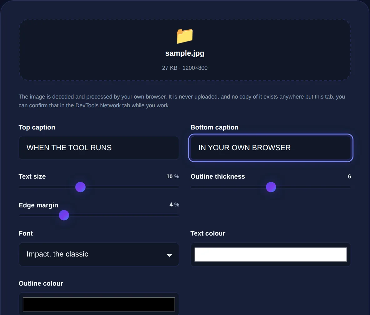 Screenshot of the Meme Generator on 123MiniApps showing an example result