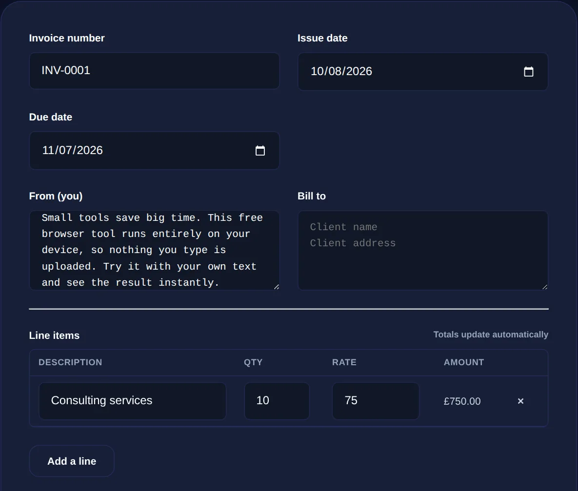 Screenshot of the Invoice Generator on 123MiniApps showing an example result