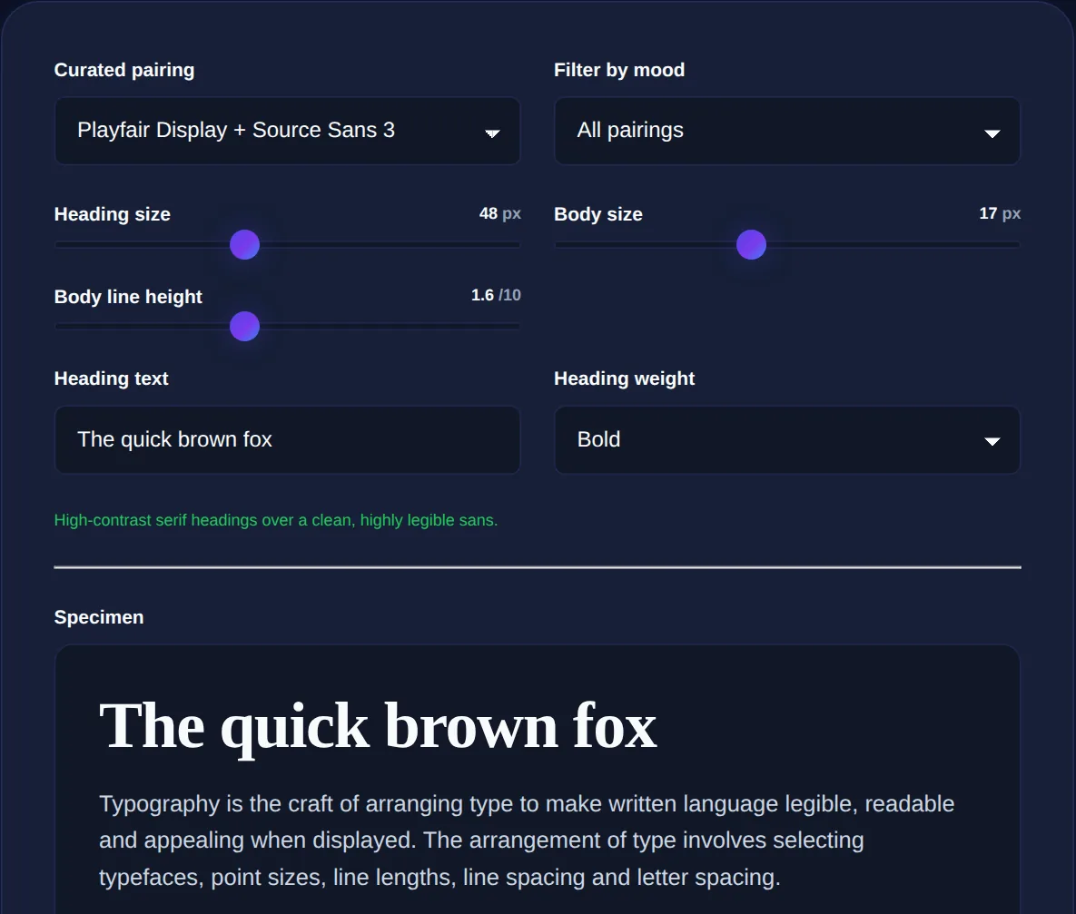 Screenshot of the Font Pairing Tool on 123MiniApps showing an example result
