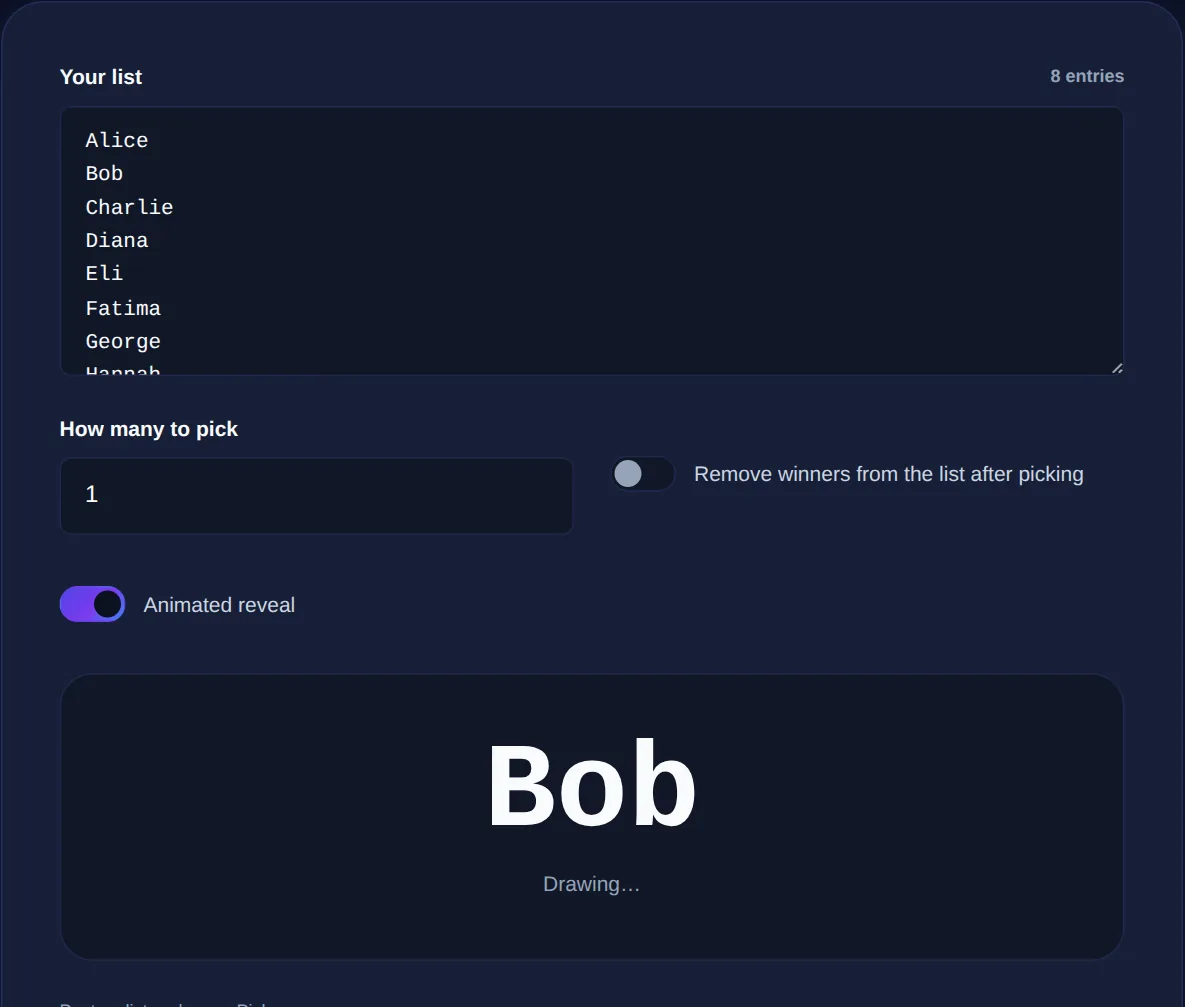 Screenshot of the Random Picker on 123MiniApps showing an example result