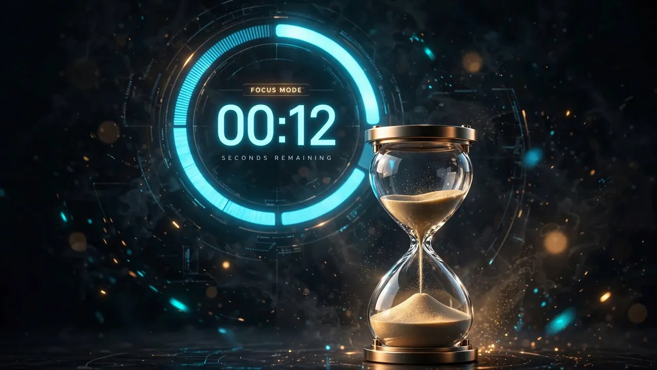 A luminous circular countdown ring paired with a glass hourglass