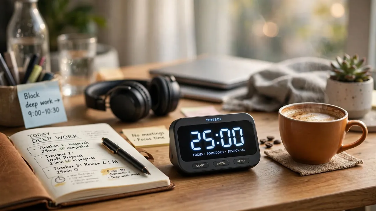 A productivity desk with a digital timer, notebook and coffee
