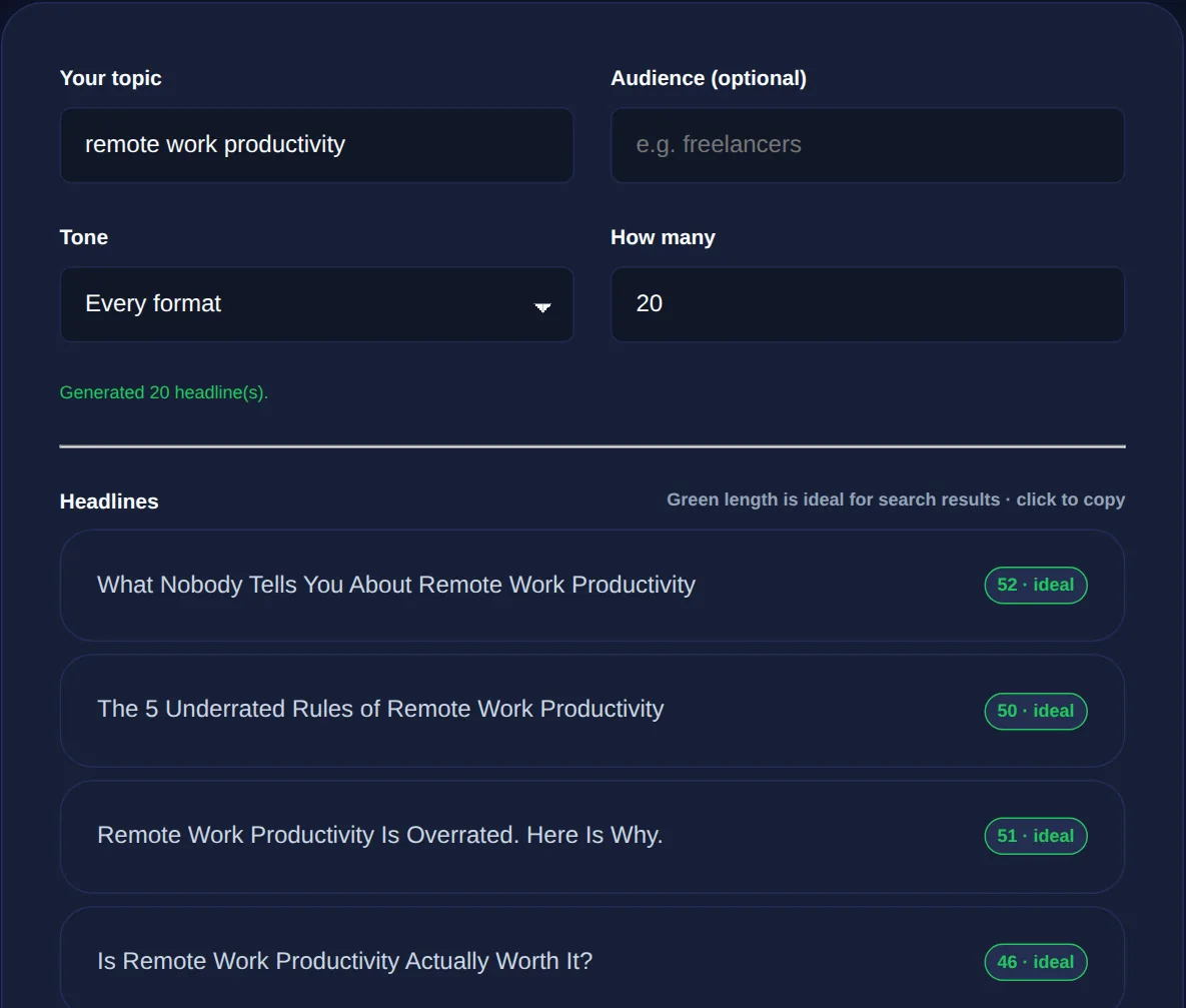 Screenshot of the Blog Title Generator on 123MiniApps showing an example result