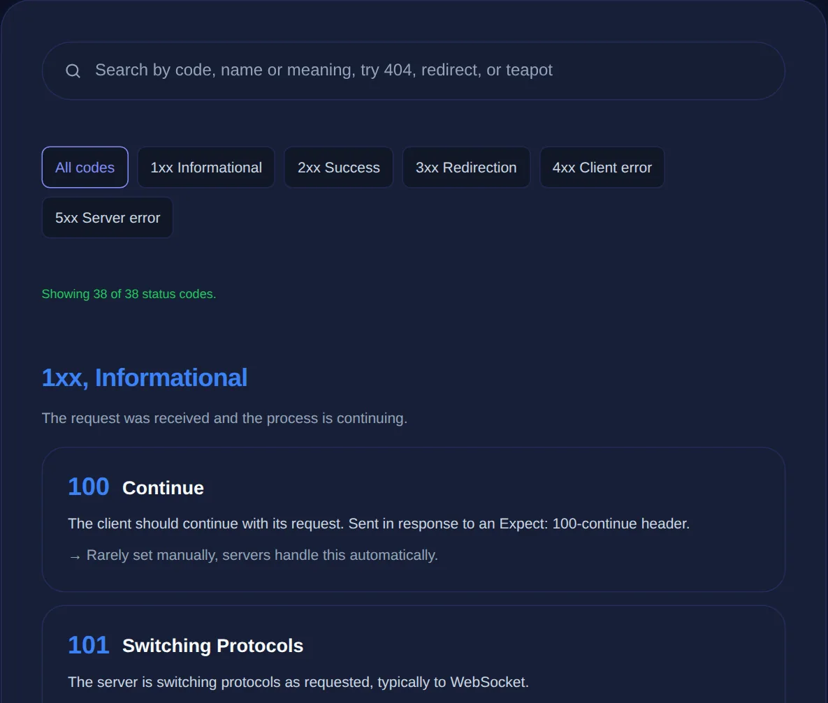 Screenshot of the HTTP Status Codes on 123MiniApps showing an example result