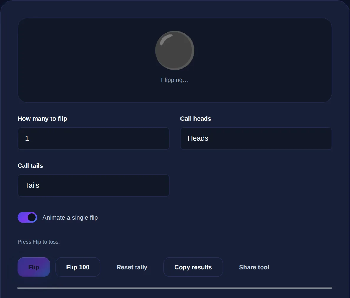 Screenshot of the Coin Flip on 123MiniApps showing an example result