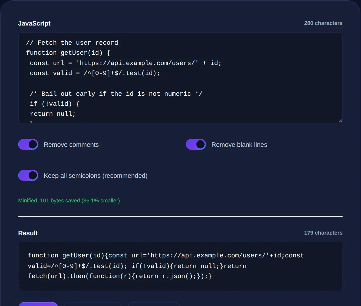 Screenshot of the JavaScript Minifier on 123MiniApps showing an example result
