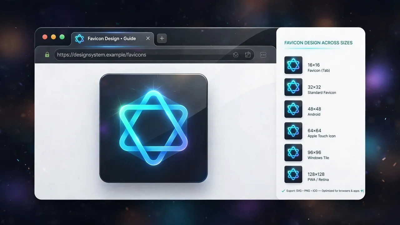 A browser window with a crisp tab icon and a sequence of icon-size squares
