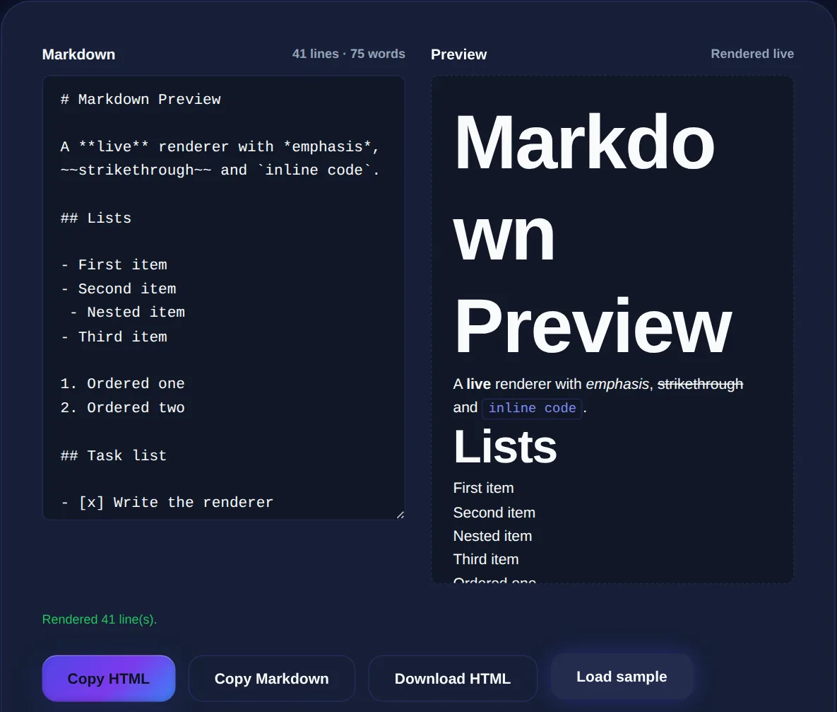 Screenshot of the Markdown Preview on 123MiniApps showing an example result