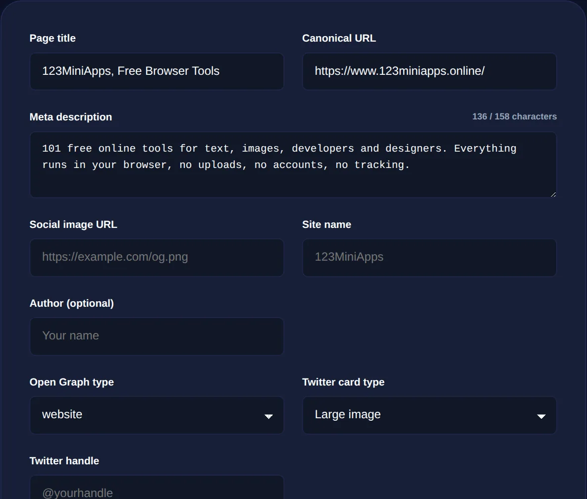 Screenshot of the Meta Tag Generator on 123MiniApps showing an example result