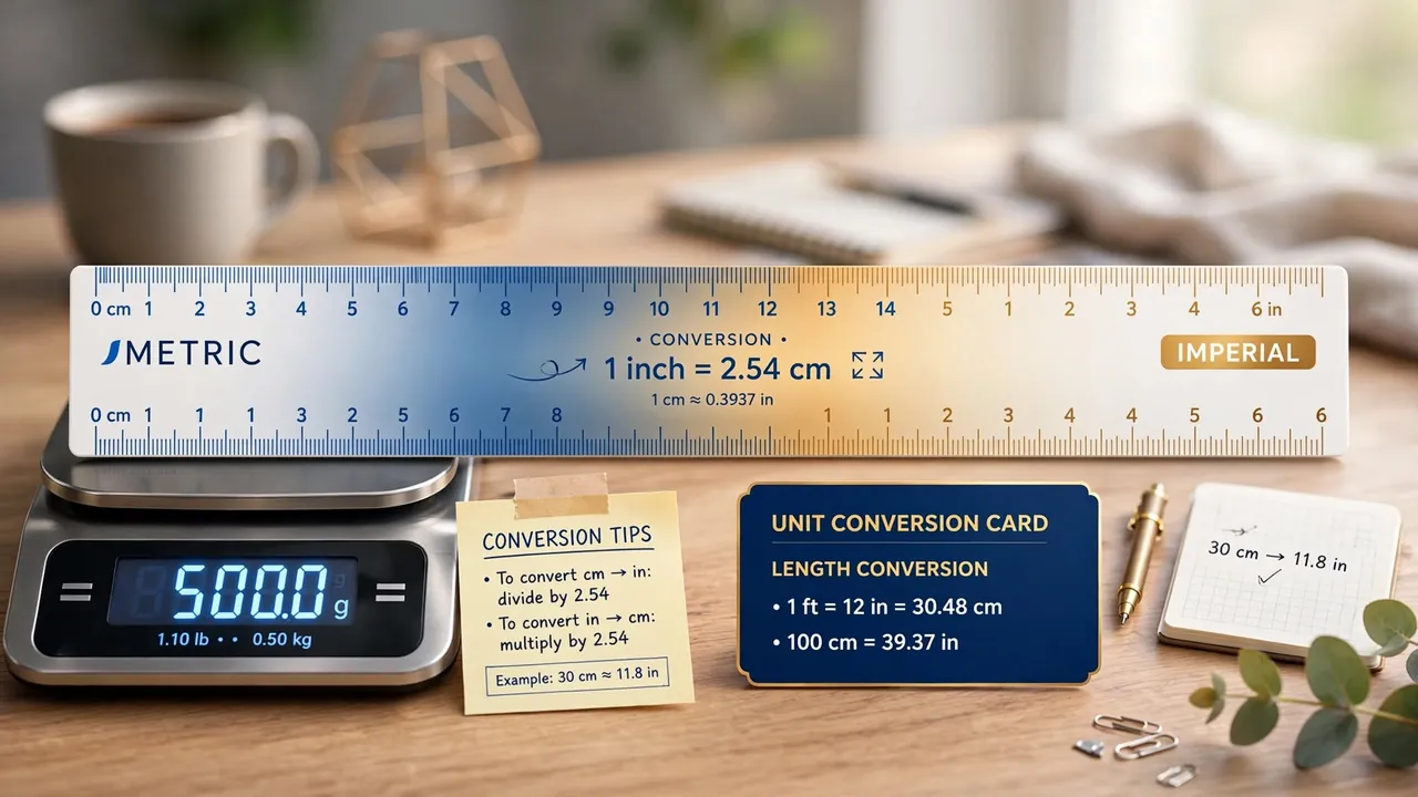 A ruler transitioning from metric markings to imperial markings with a scale