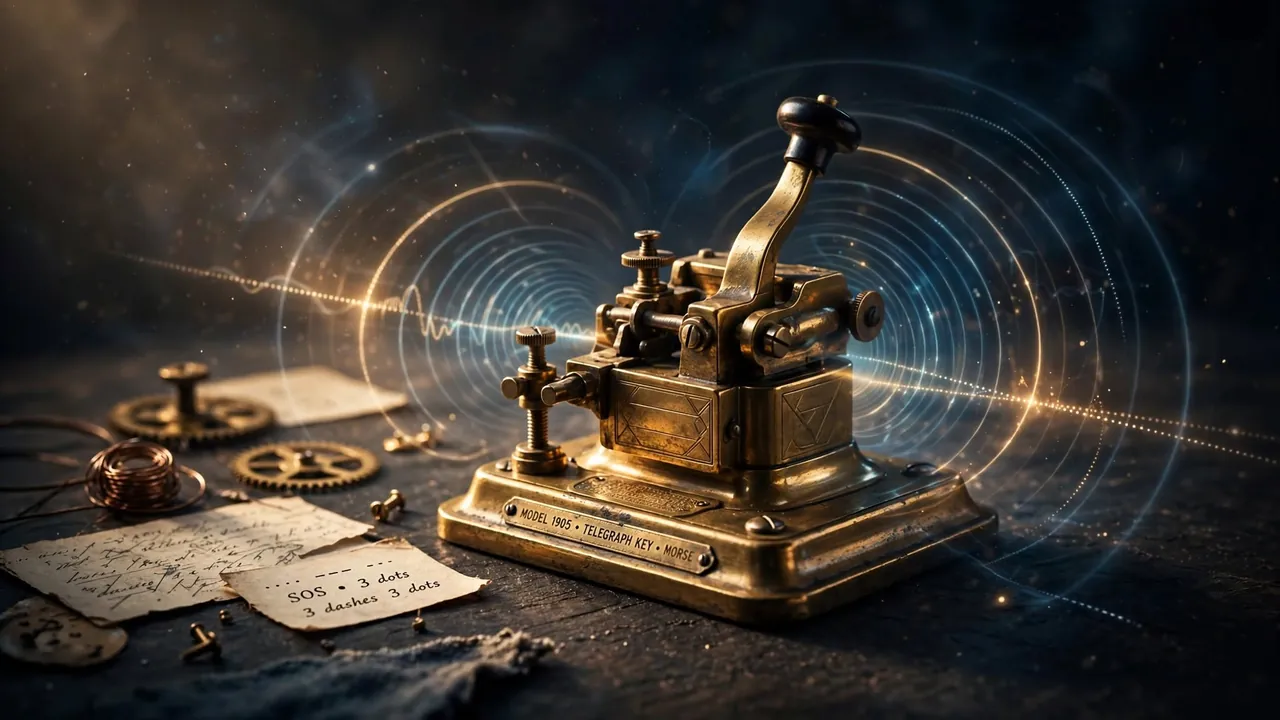A vintage brass telegraph key under cinematic light with signal waves radiating