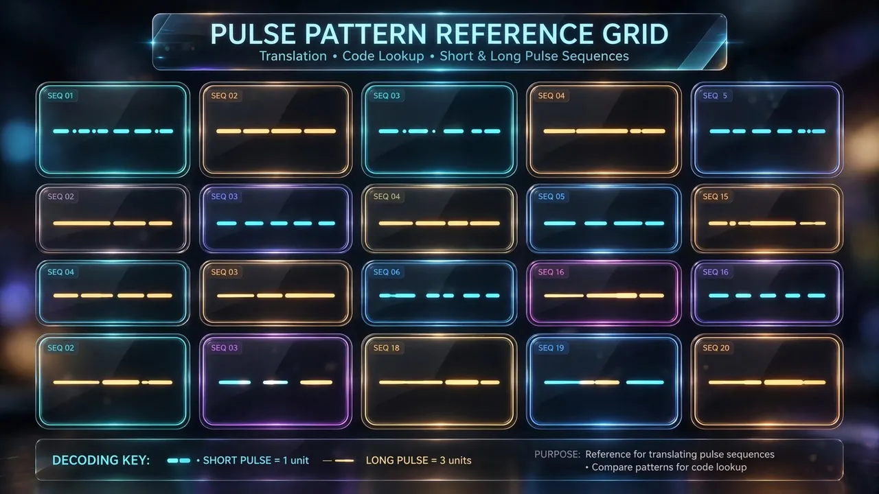 An orderly grid of cells each holding a dot-and-dash pattern