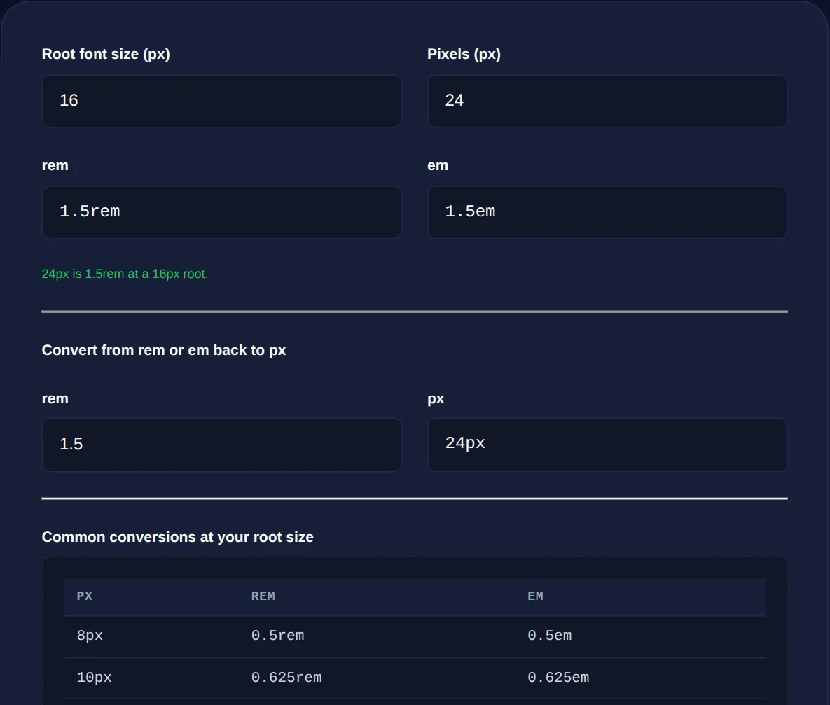 Screenshot of the PX to REM Converter on 123MiniApps showing an example result