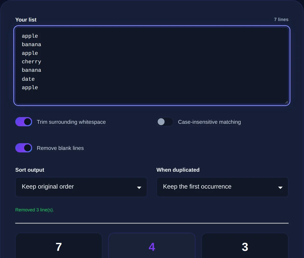 Screenshot of the Remove Duplicate Lines on 123MiniApps showing an example result