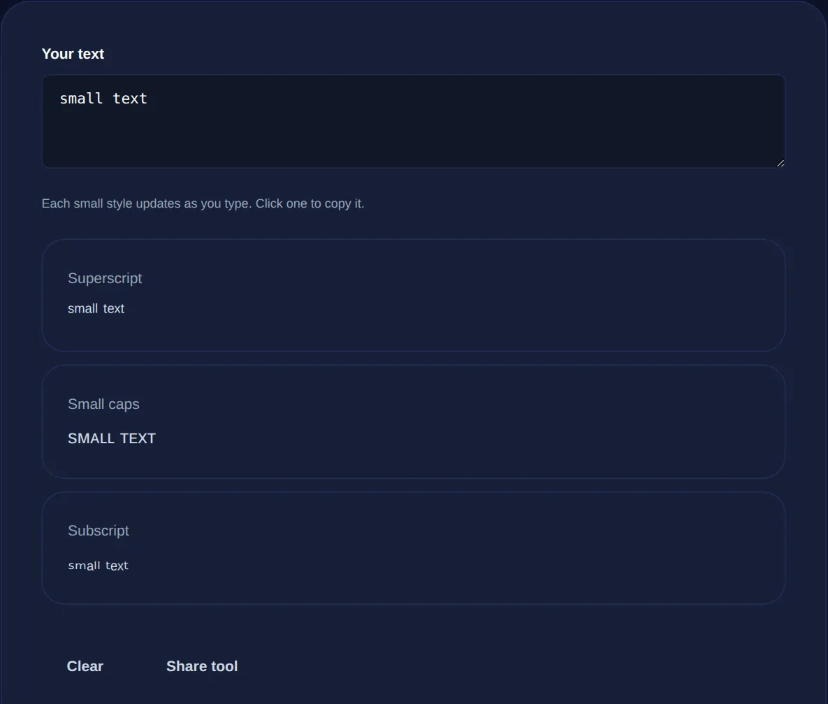 Screenshot of the Small Text Generator on 123MiniApps showing an example result