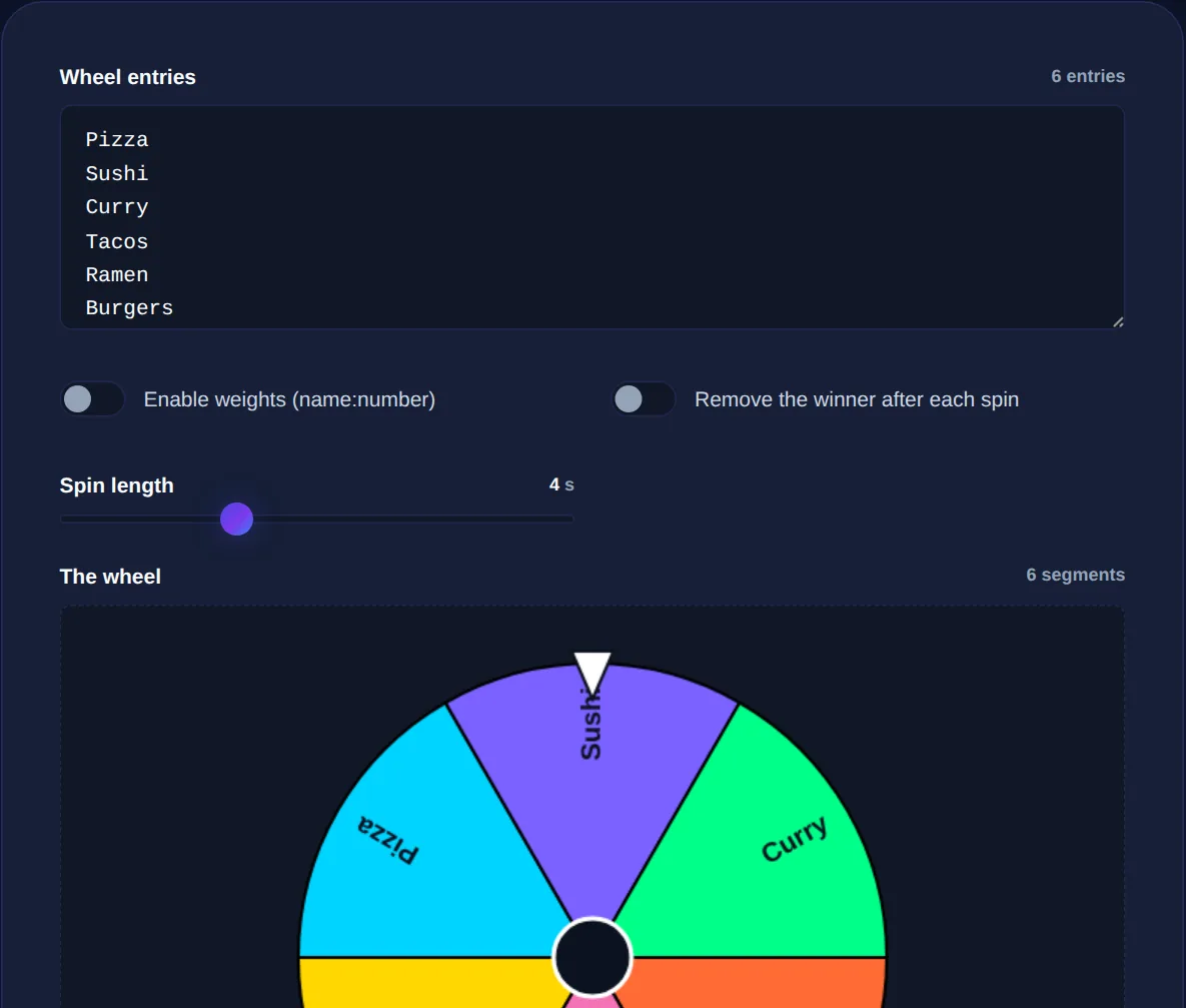 Screenshot of the Spin the Wheel on 123MiniApps showing an example result