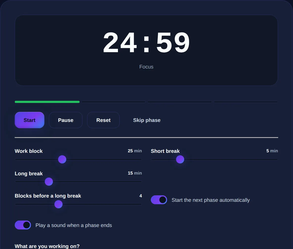 Screenshot of the Pomodoro Timer on 123MiniApps showing an example result