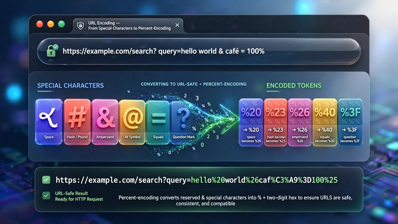 A browser address bar where special characters turn into encoded token blocks