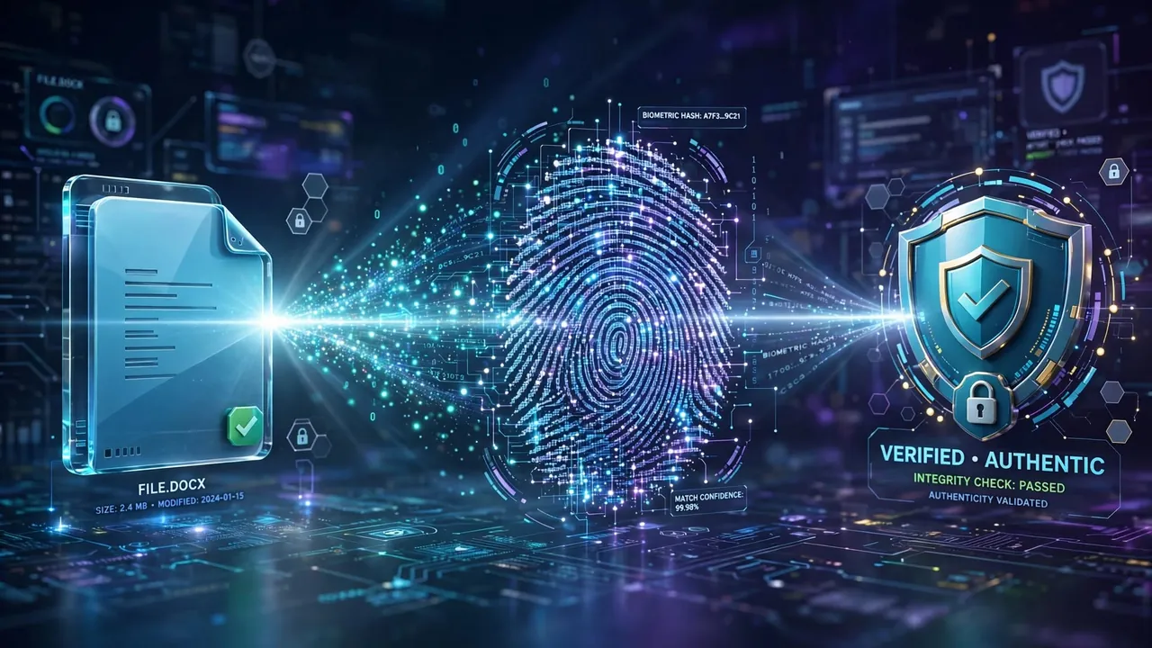 A file linked by a beam of light to a fingerprint pattern and a verification shield