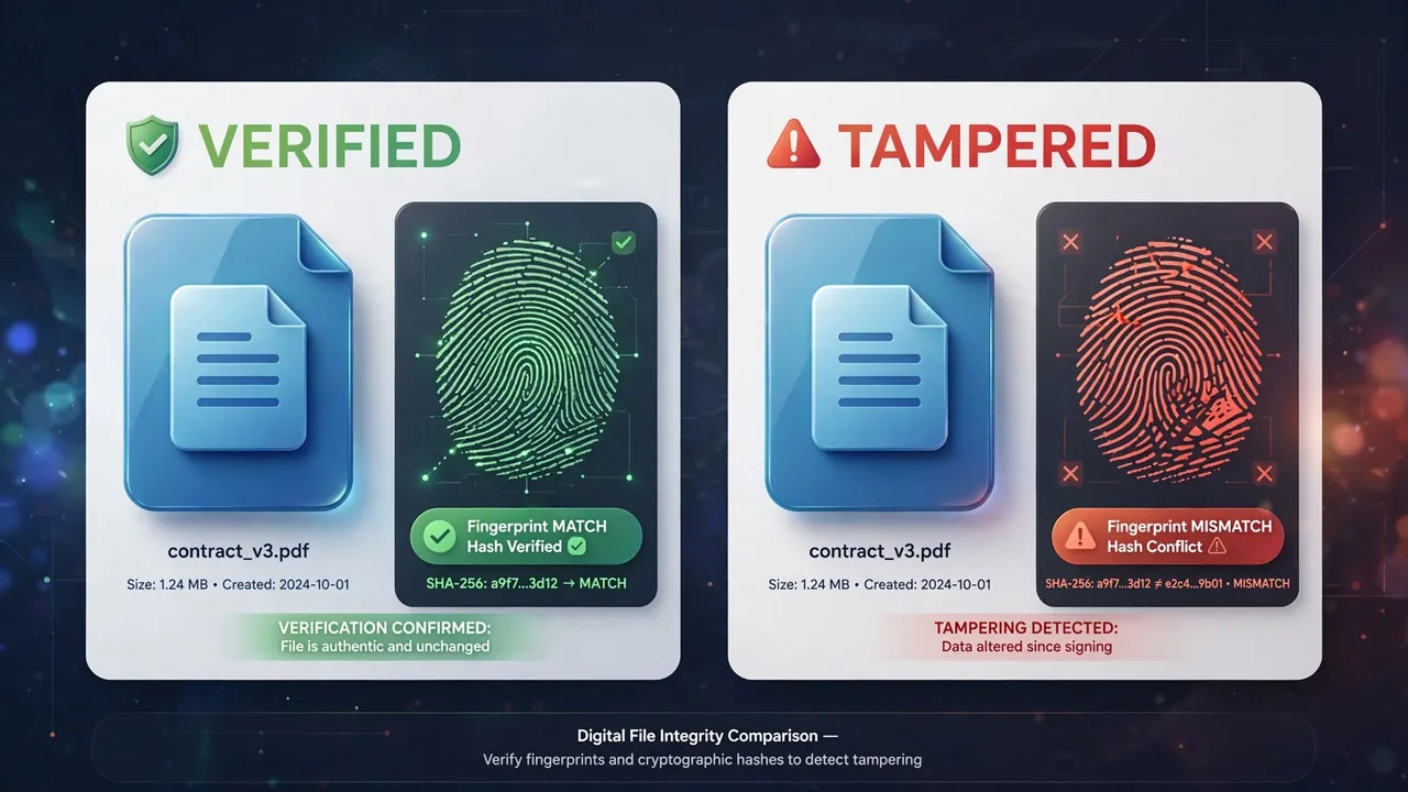 Two files, one with a matching fingerprint and check, one mismatching