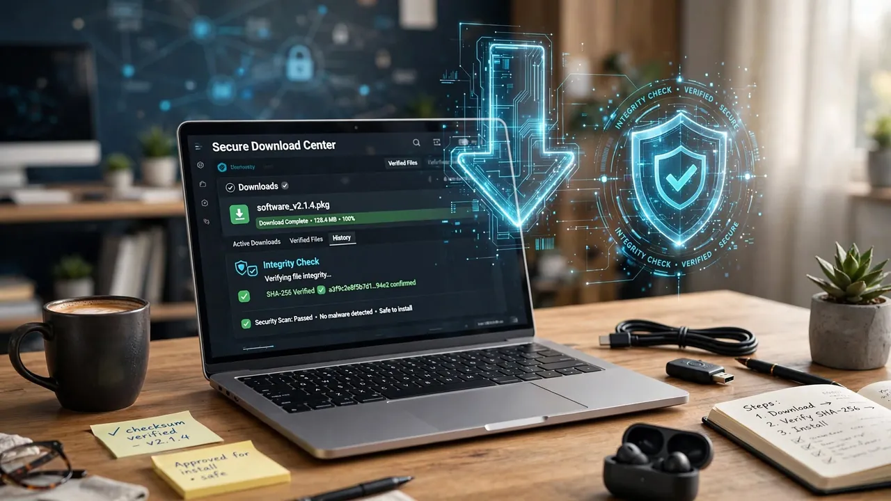 A laptop with a download arrow and an integrity-check shield