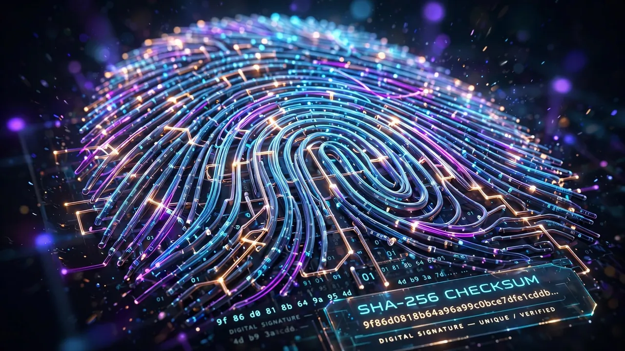 Glowing data strands arranged into a fingerprint-like pattern