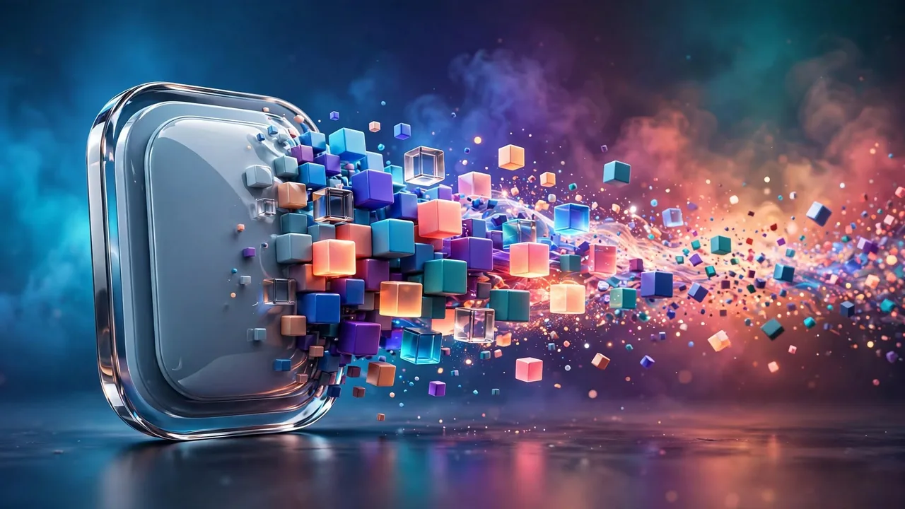 An image dissolving into a stream of encoded characters embedded in code