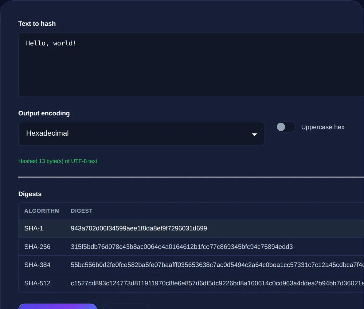 Screenshot of the Hash Generator on 123MiniApps showing an example result