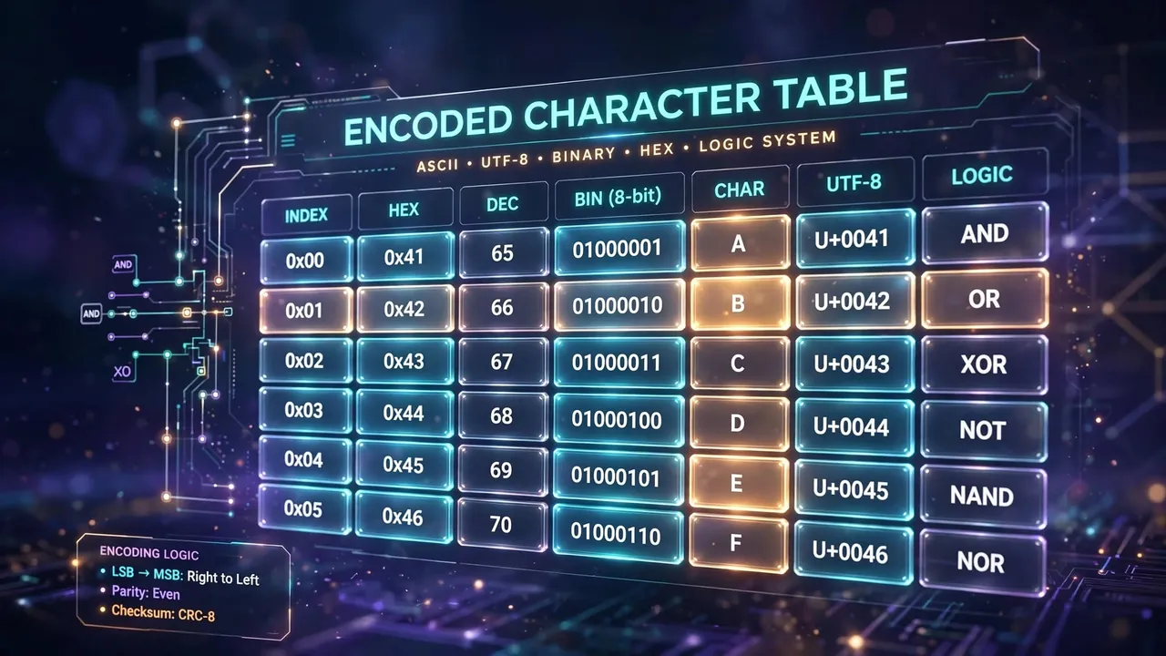 A grid of glowing cells like an encoded character table