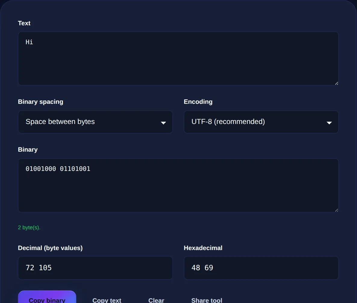Screenshot of the Binary Code Translator on 123MiniApps showing an example result