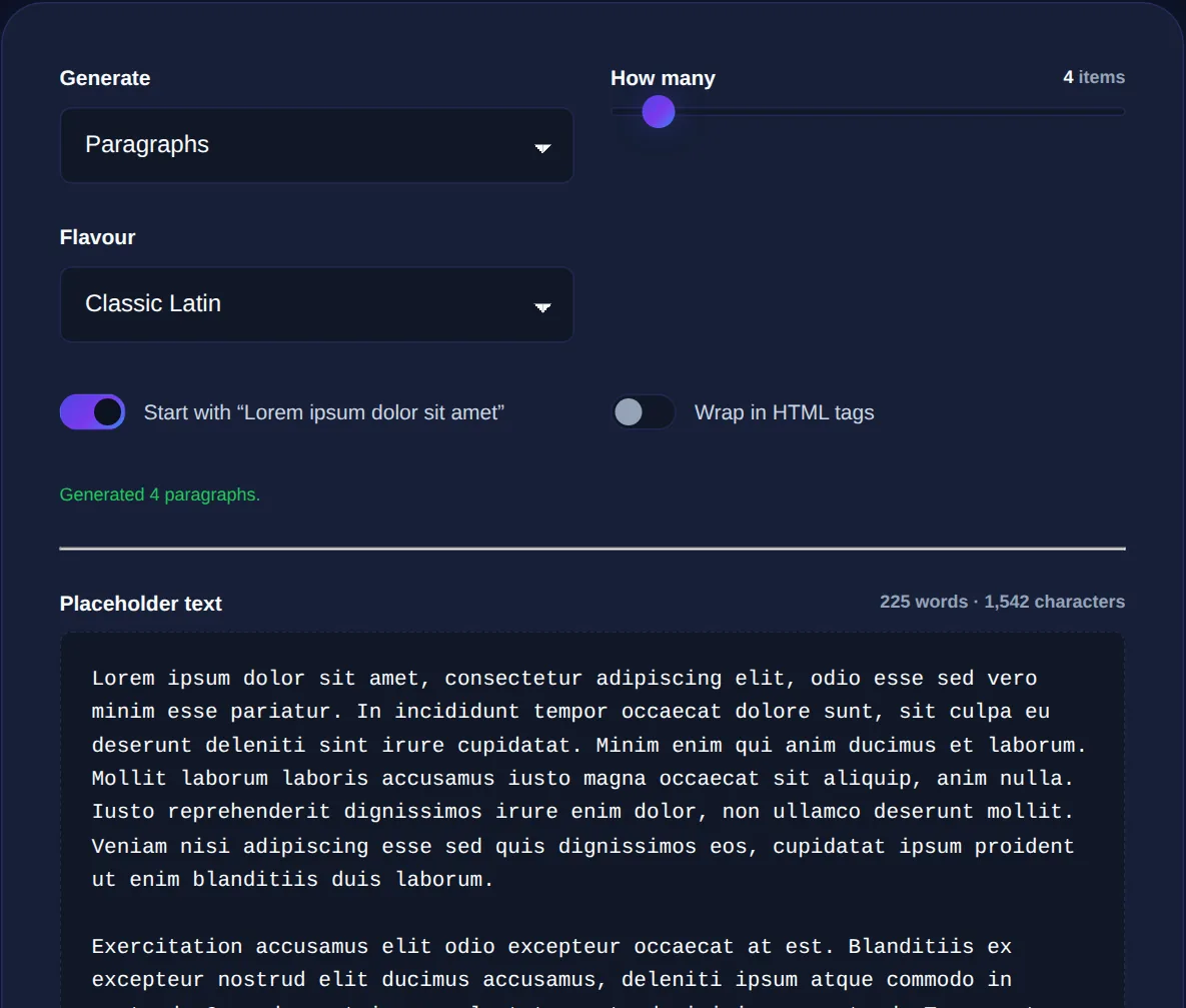 Screenshot of the Lorem Ipsum Generator on 123MiniApps showing an example result