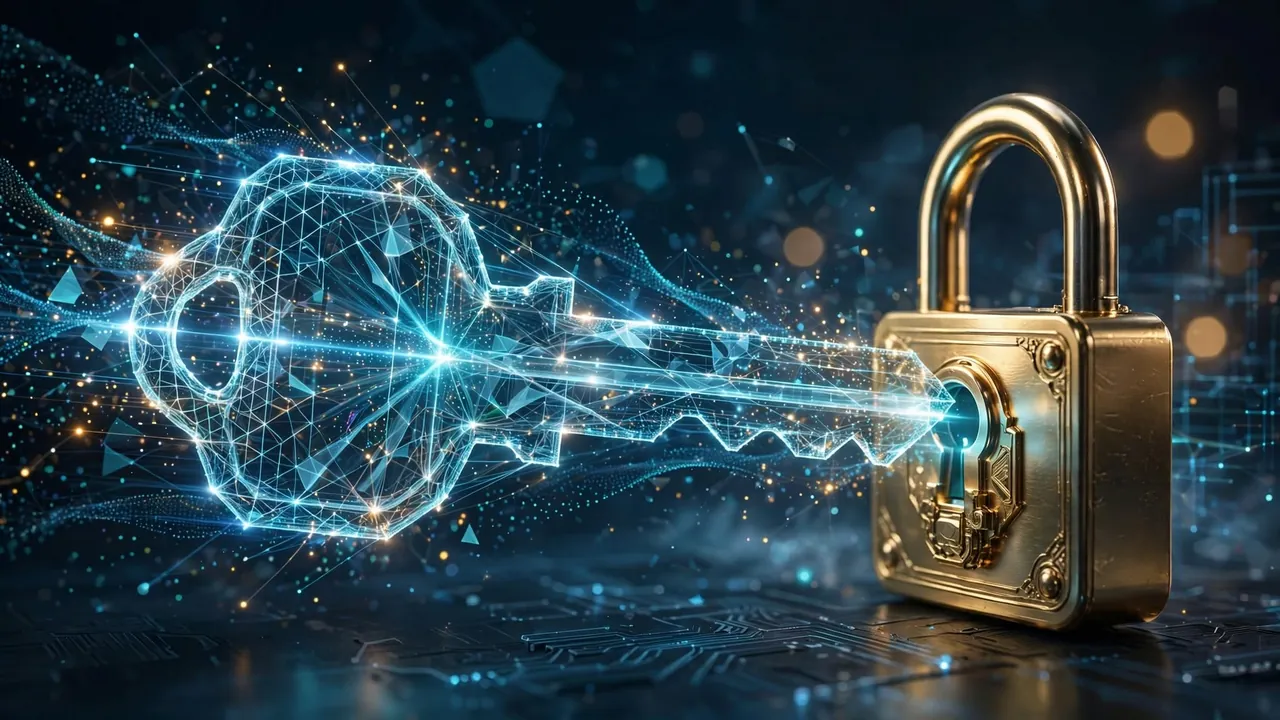 A key built from particles of light sliding toward a premium padlock