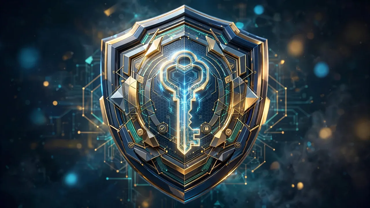 A shield emblem with a glowing key-shaped core