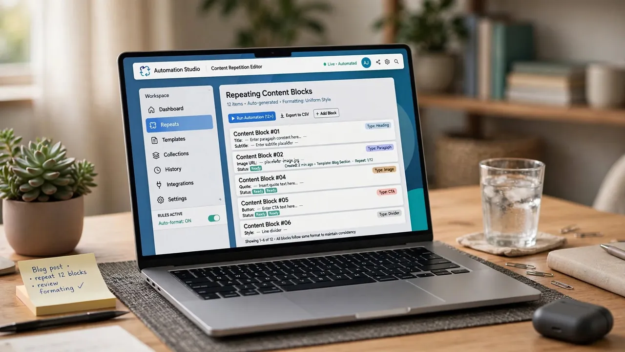 A laptop showing an editor filled with repeating content blocks