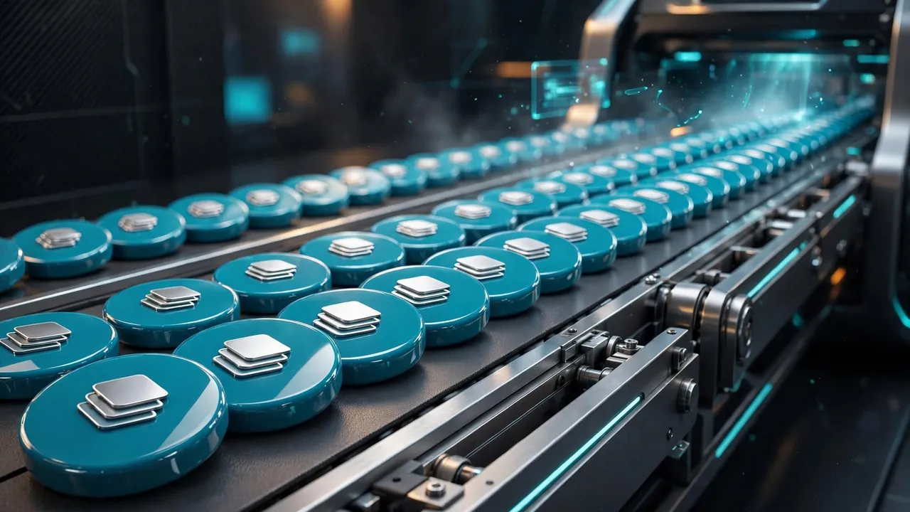 Identical glossy tokens moving forward in sequence