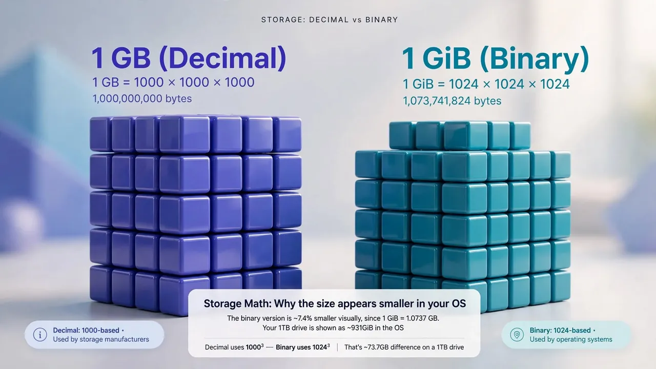 Two stacks of cubes, one decimal and one slightly smaller binary