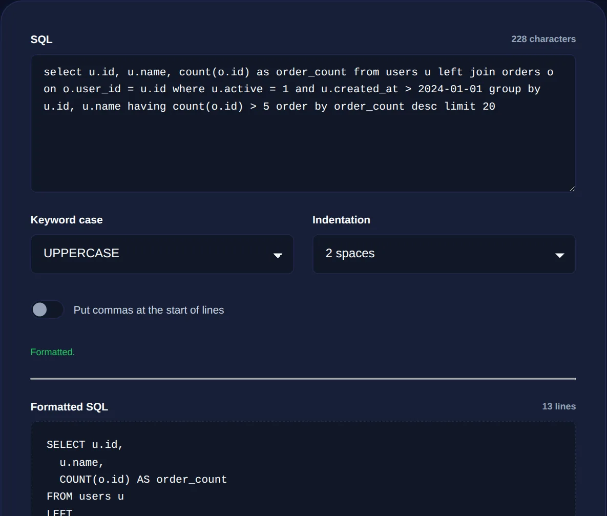 Screenshot of the SQL Formatter on 123MiniApps showing an example result