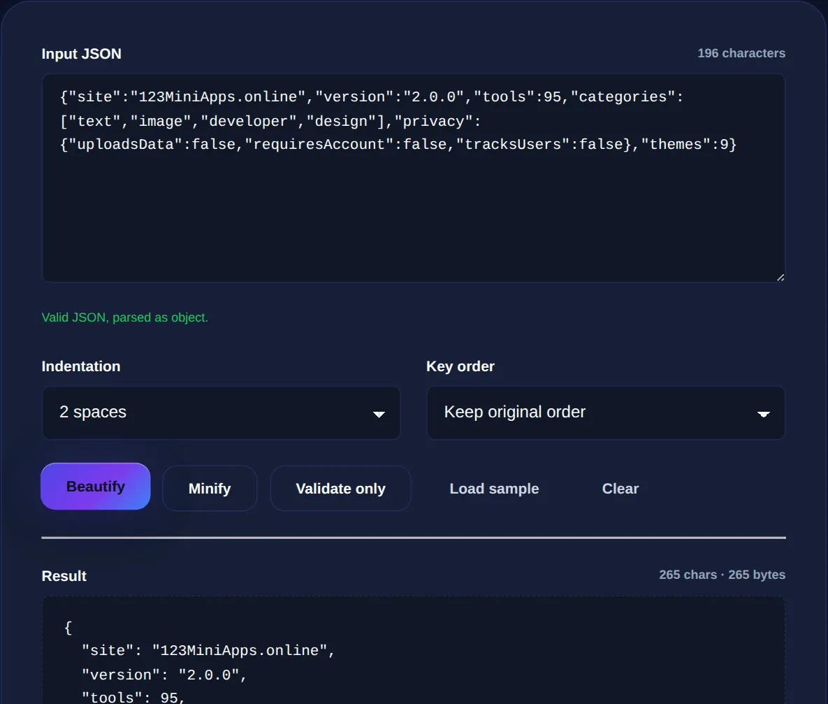 Screenshot of the JSON Formatter on 123MiniApps showing an example result