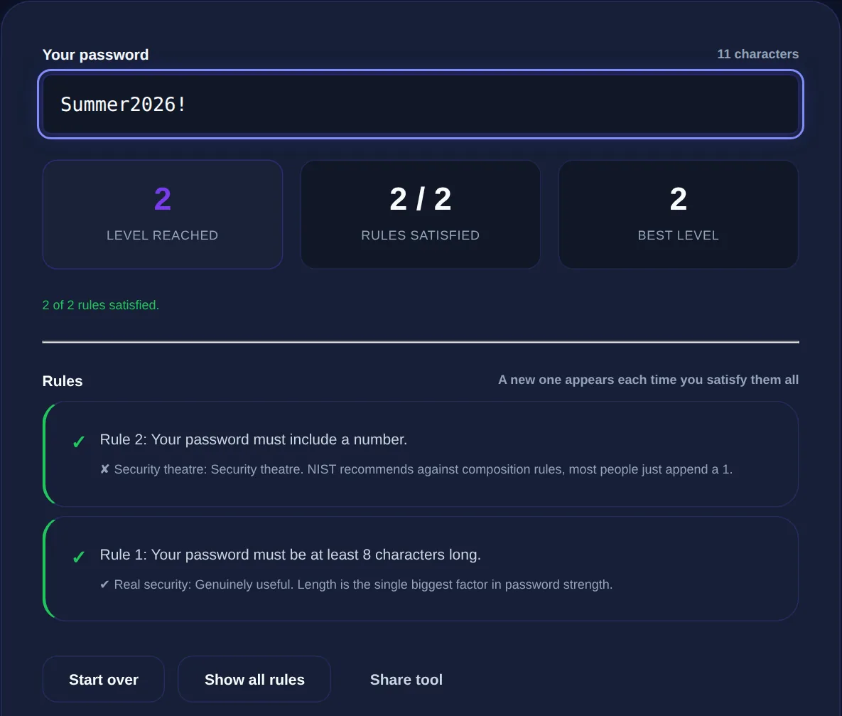 Screenshot of the Password Game on 123MiniApps showing an example result