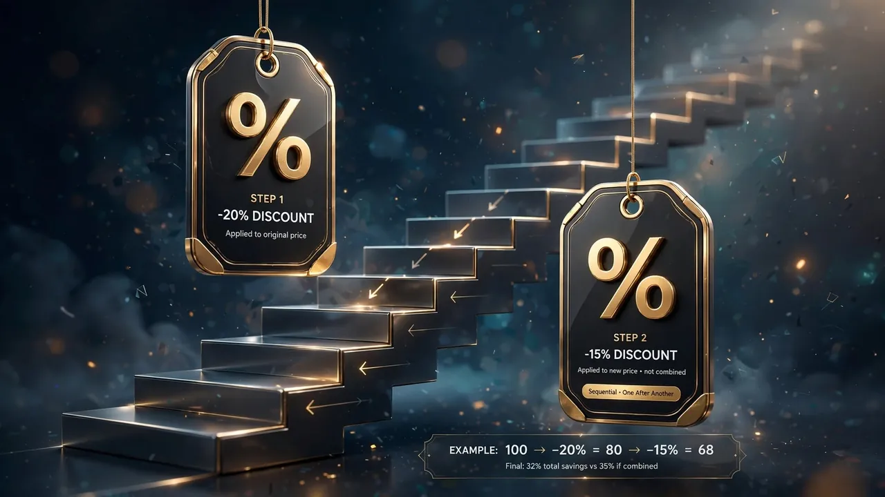 Two price tags linked by a stepped downward path showing one discount after another