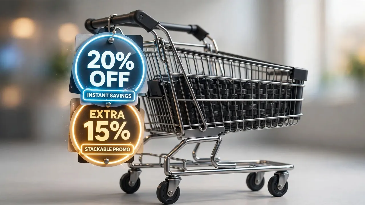 A shopping cart with two layered discount badges