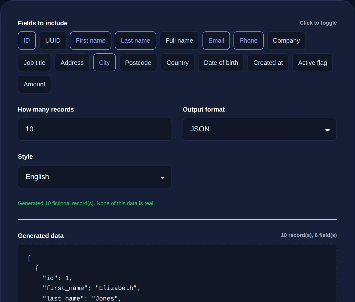 Screenshot of the Fake Data Generator on 123MiniApps showing an example result