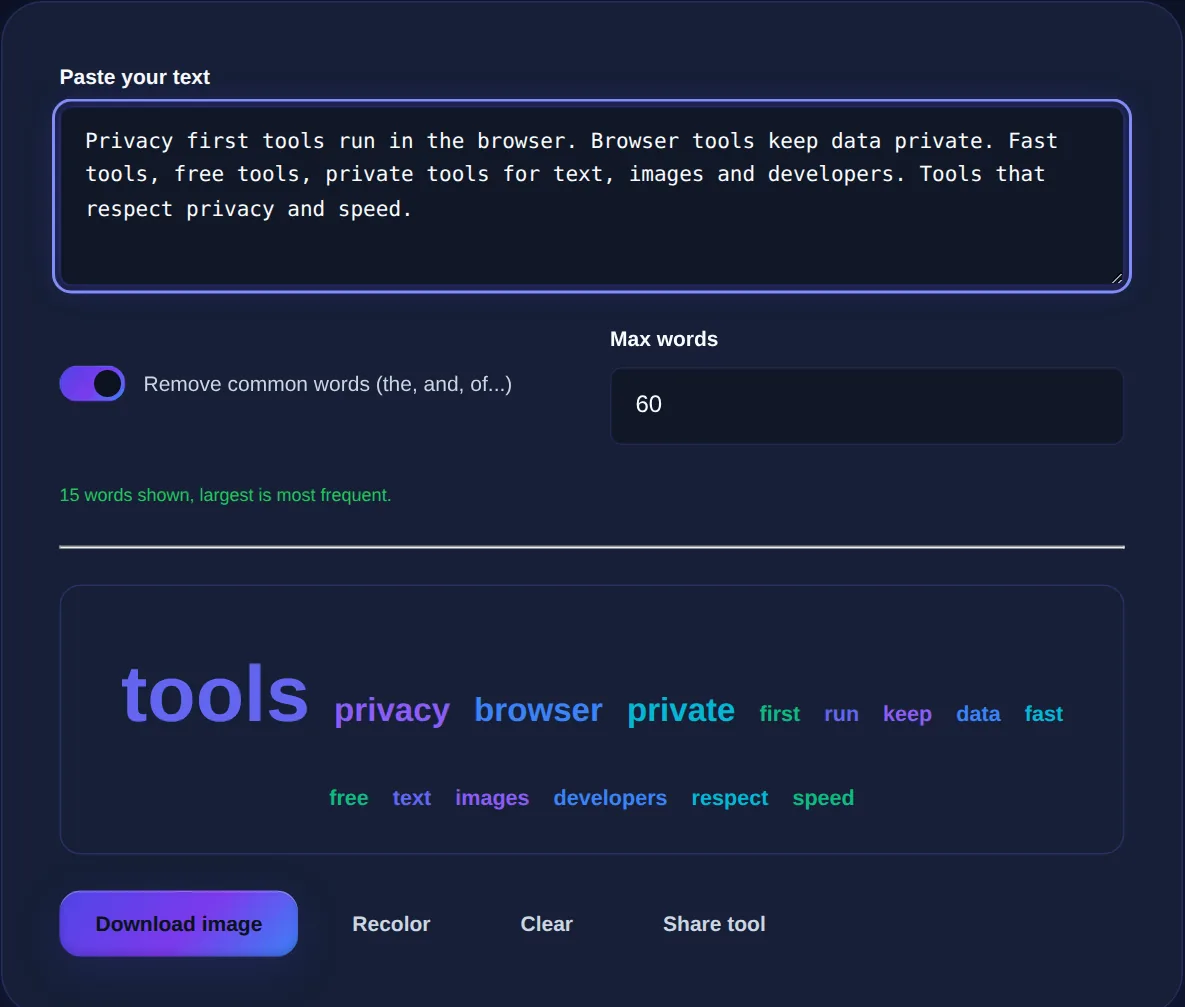 Screenshot of the Word Cloud Generator on 123MiniApps showing an example result